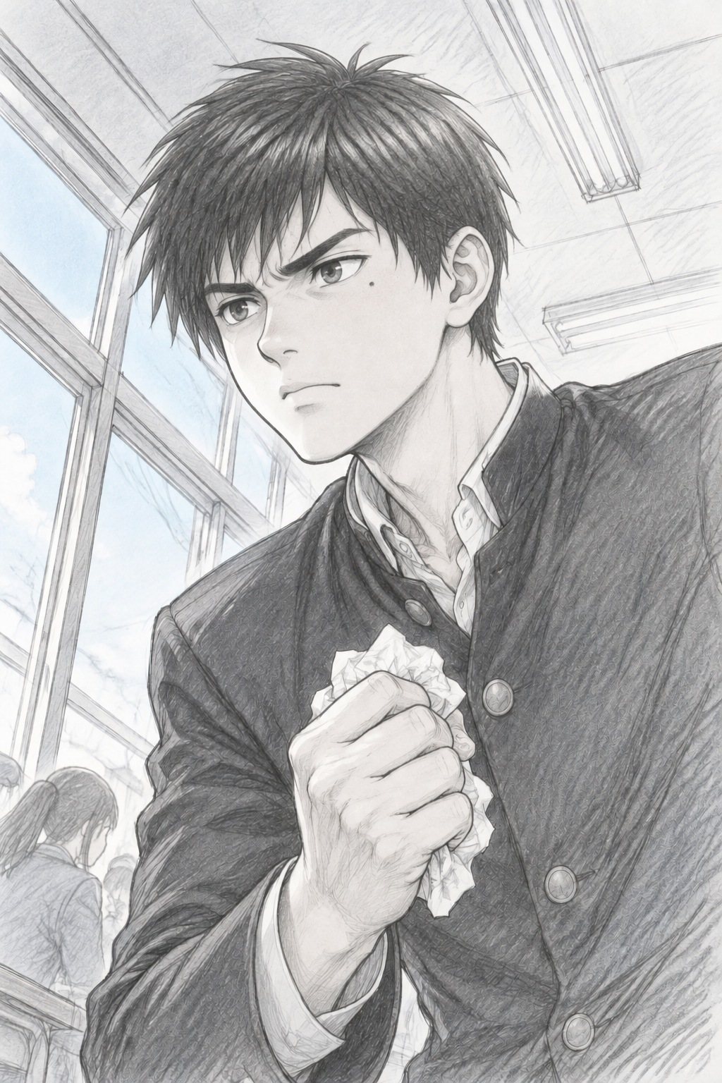 男子の胸から上。丸めた紙を握ったまま、前髪の下から横の教師をまっすぐ見る。悔しさで唇を結ぶ。