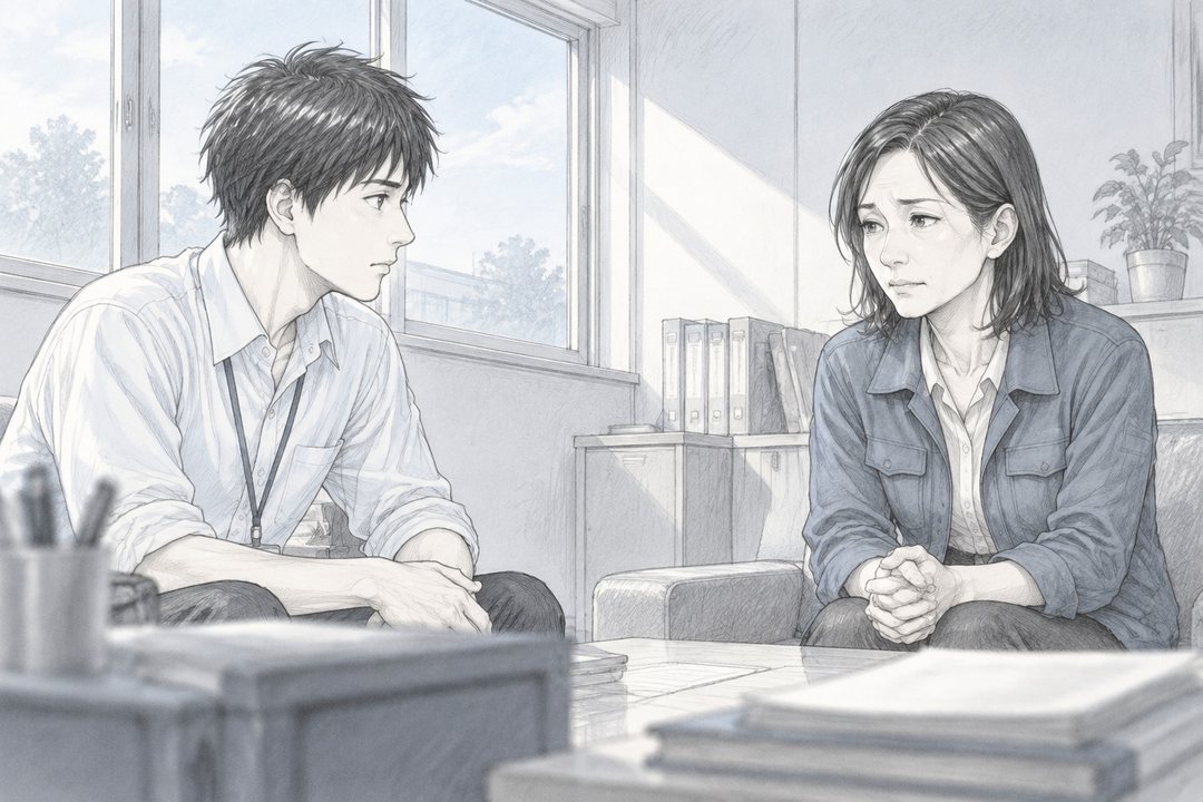 小さな相談室。低い机をはさんで、左に若い教師、右に工場の事務の上着を着た40代の母親が座る。母親は両手を膝の上で固く組み、うつむく。窓の白い光。