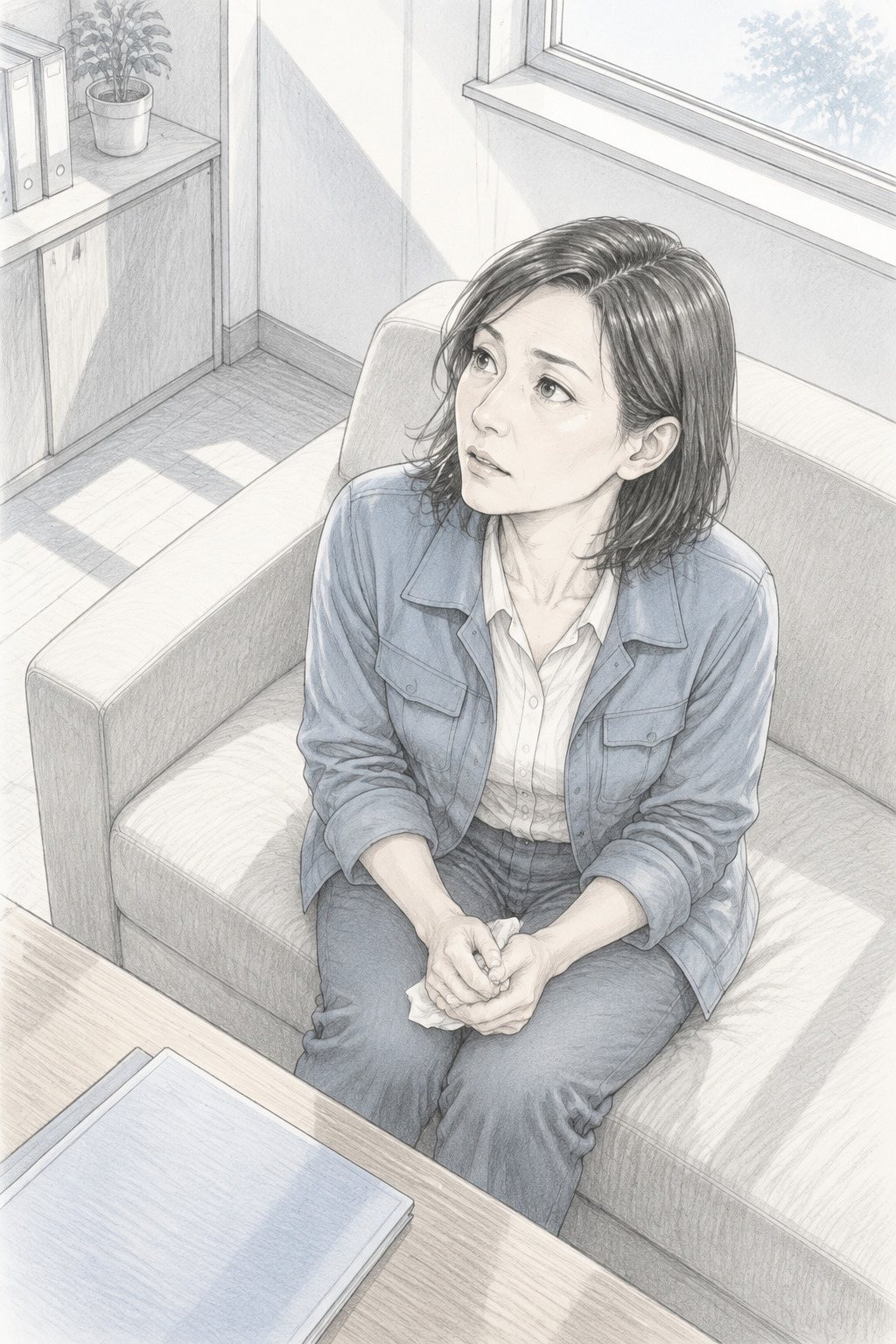 少し上から母親。ソファに座ったまま顔を上げ、口が開く。膝の上の手にハンカチ。