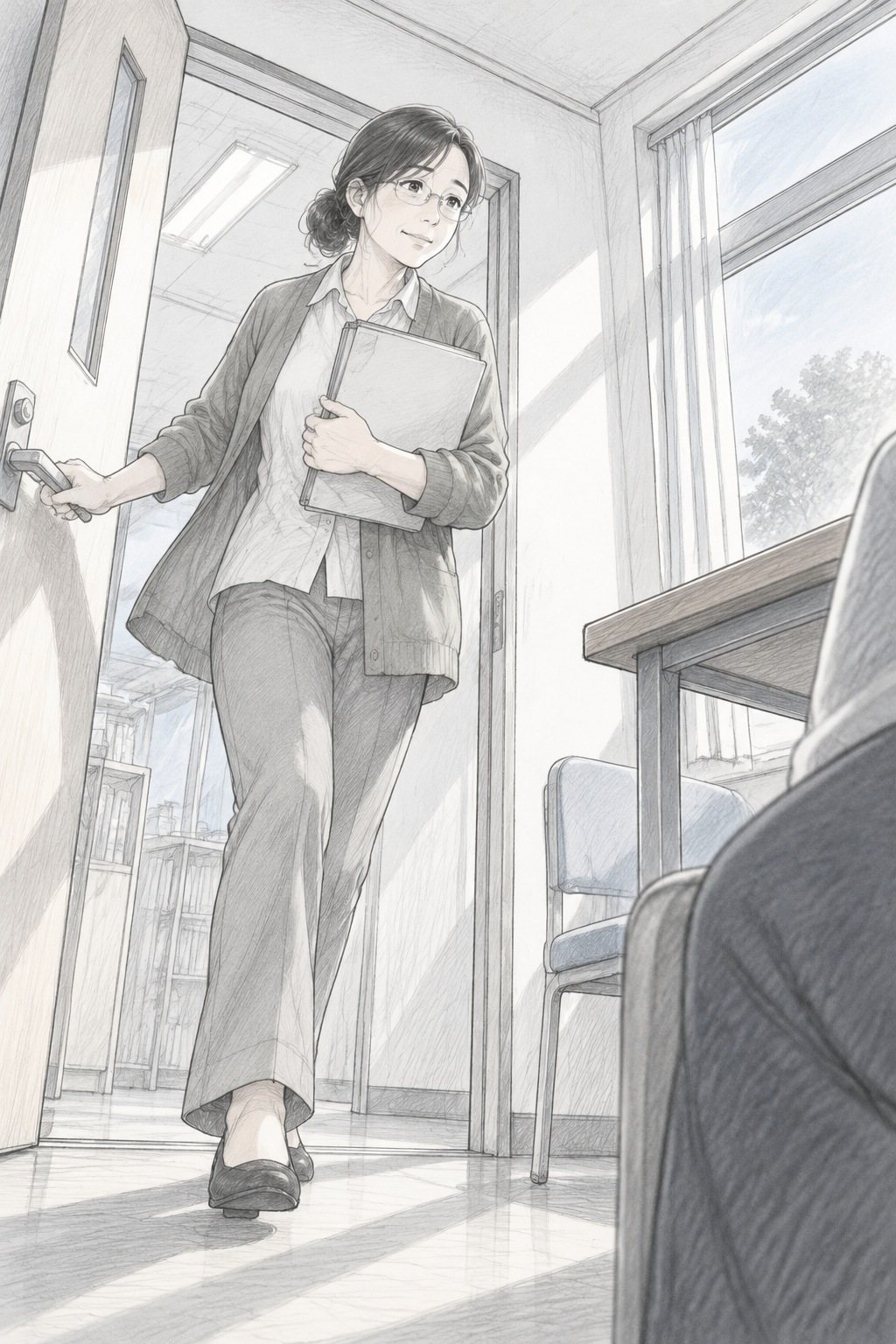 相談室の扉を開けて入ってくる40代の女性の教師。眼鏡をかけ、髪を後ろでまとめ、ファイルを胸に抱えて、少し笑う。