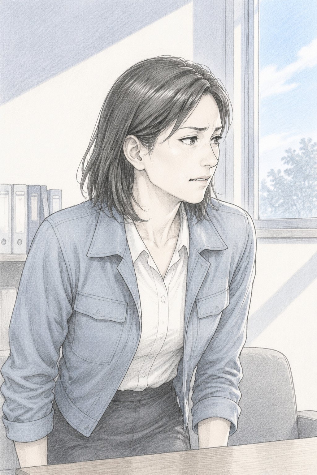 母親の胸から上。ソファから少し腰を浮かせ、入ってきた教師の方を見る。