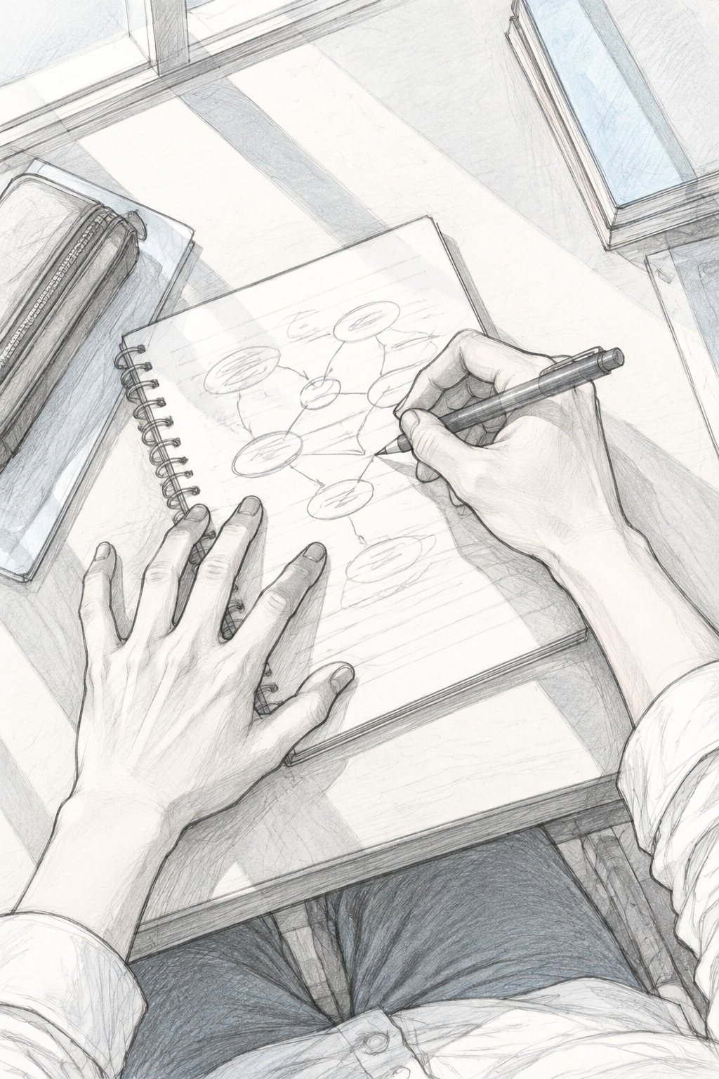 真上から机。女性の教師の手がメモ帳に矢印と丸を描く(字は読めない)。