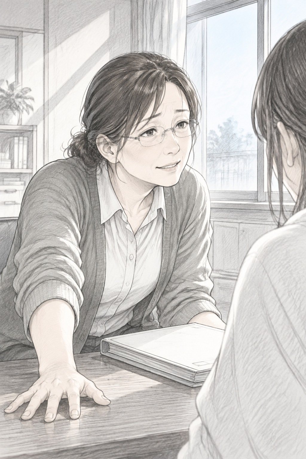 女性の教師。ファイルを机に置き、手前の母親の方へ身を乗り出して、困ったように少し笑う。
