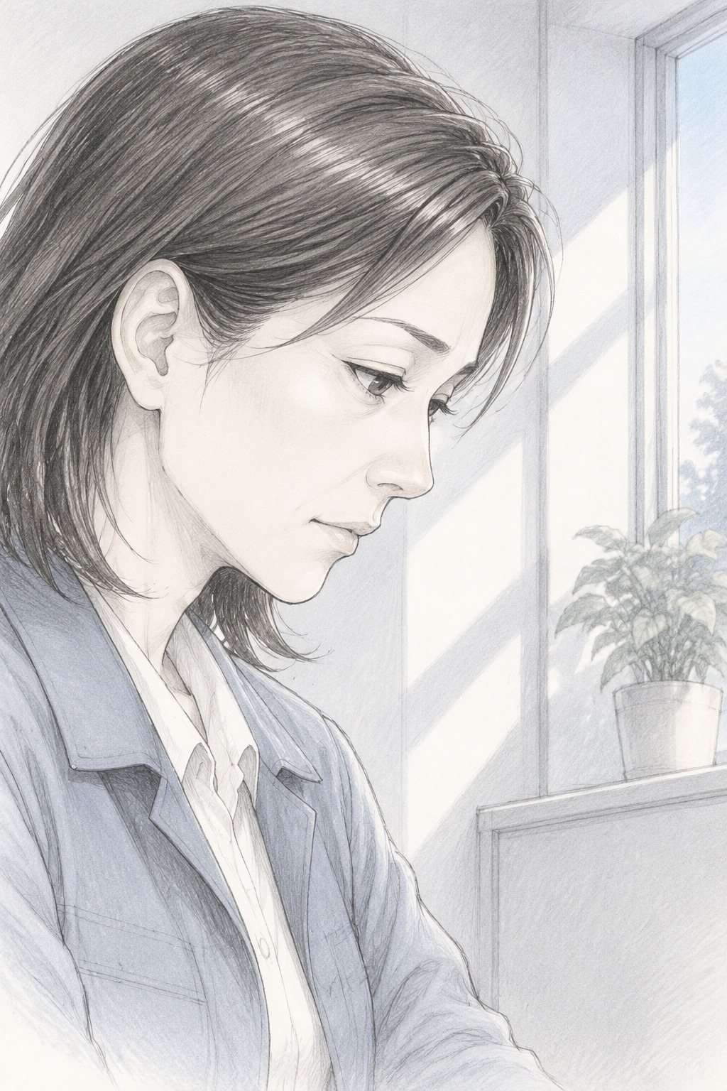母親の横顔の寄り。机に目を落とす。