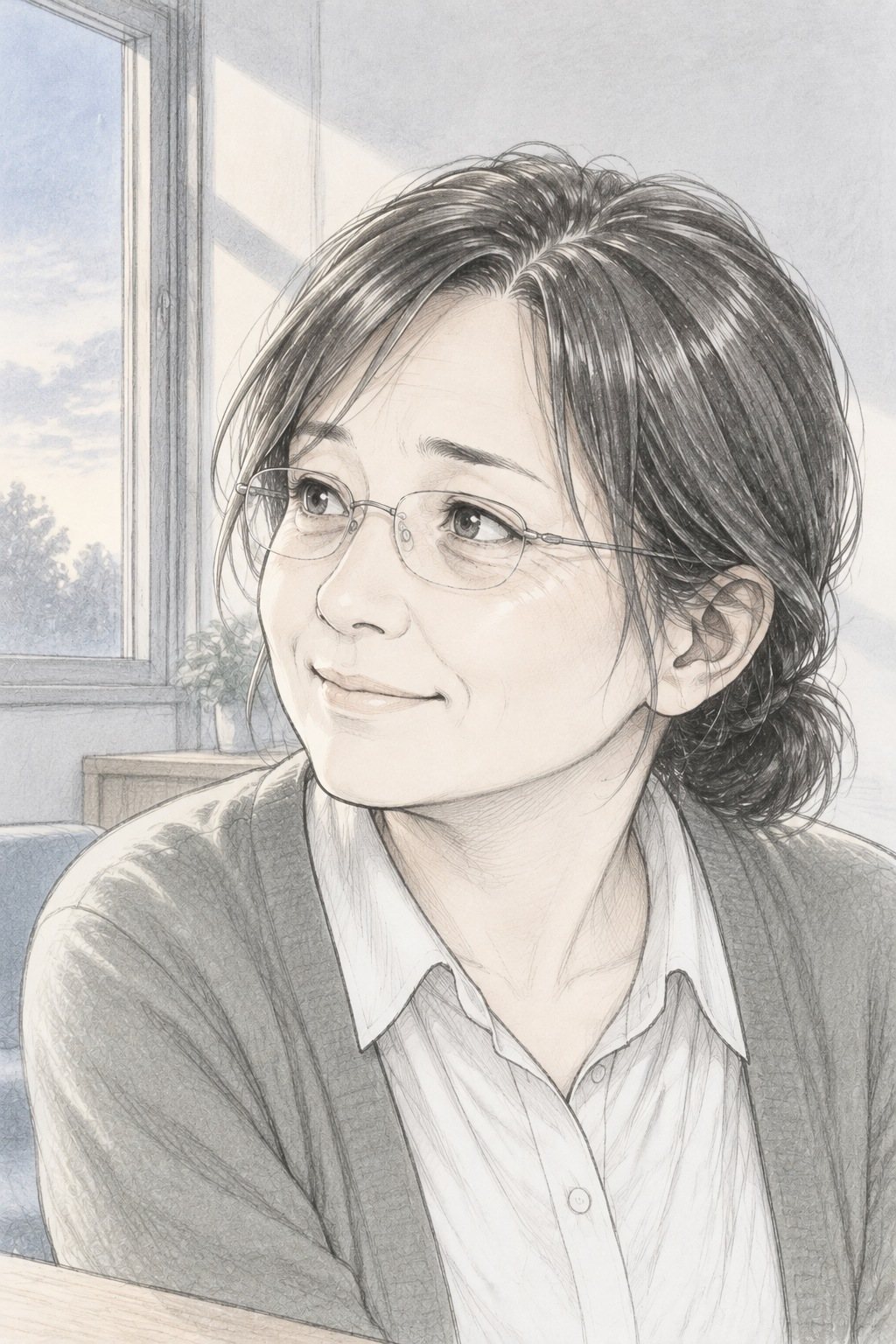 女性の教師の顔の寄り。やわらかく笑う。