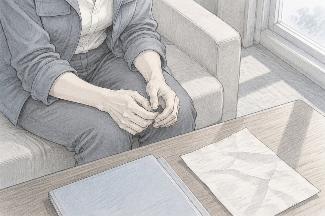 母親の手元の寄り。ソファの膝の上で、固く組んでいた両手がほどける。机の上に、ファイルと、丸めて伸ばしたノートの1枚。