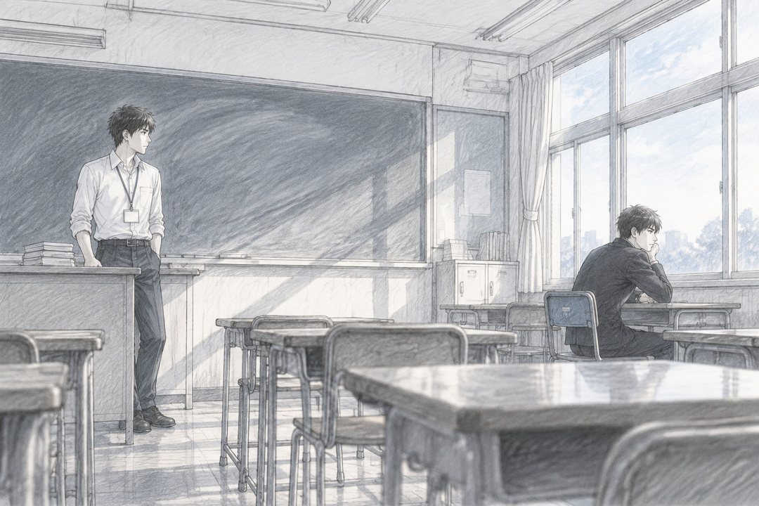 夕方の誰もいない教室。窓際の後ろの席の男子が、消された黒板を見ている。教卓の横に若い教師が立つ。窓の白っぽい夕方の光。
