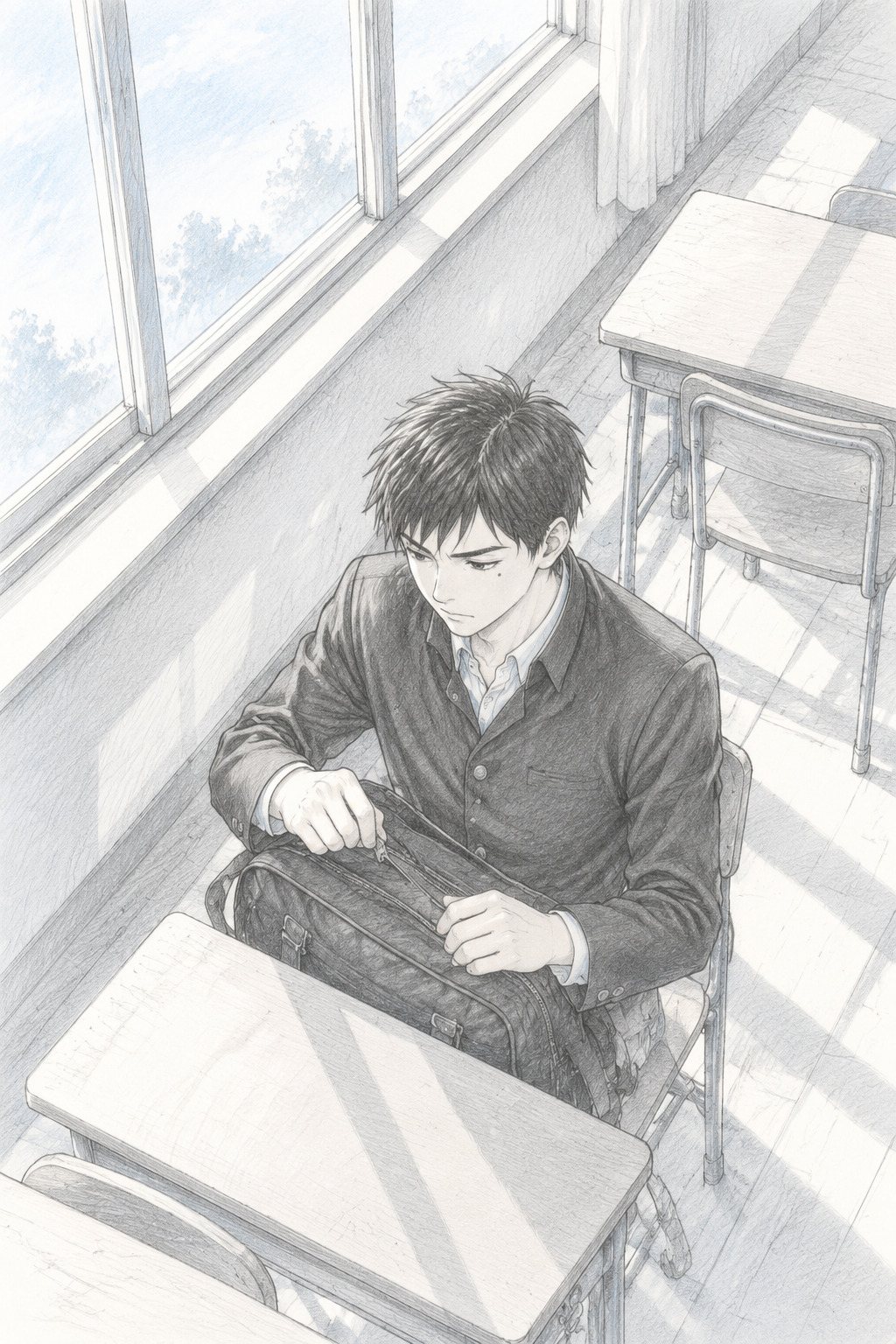 少し上から男子。誰もいない教室の席で、カバンのファスナーを閉める。