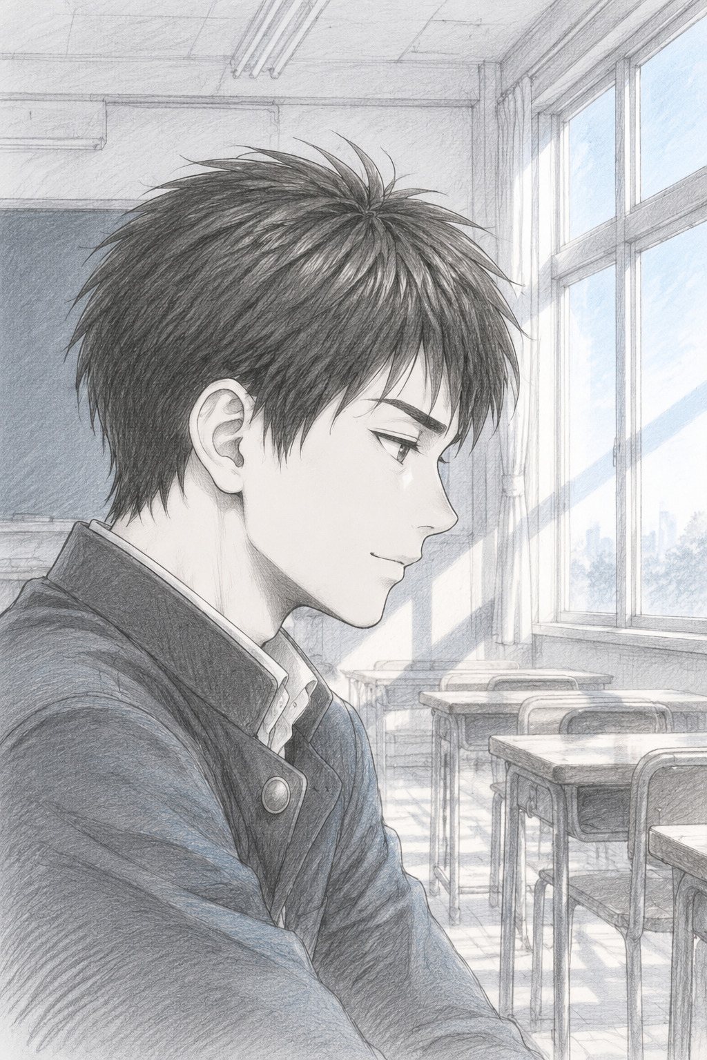 男子の横顔の寄り。窓の方を向いたまま、口の端だけ少し上がる。誰もいない教室。