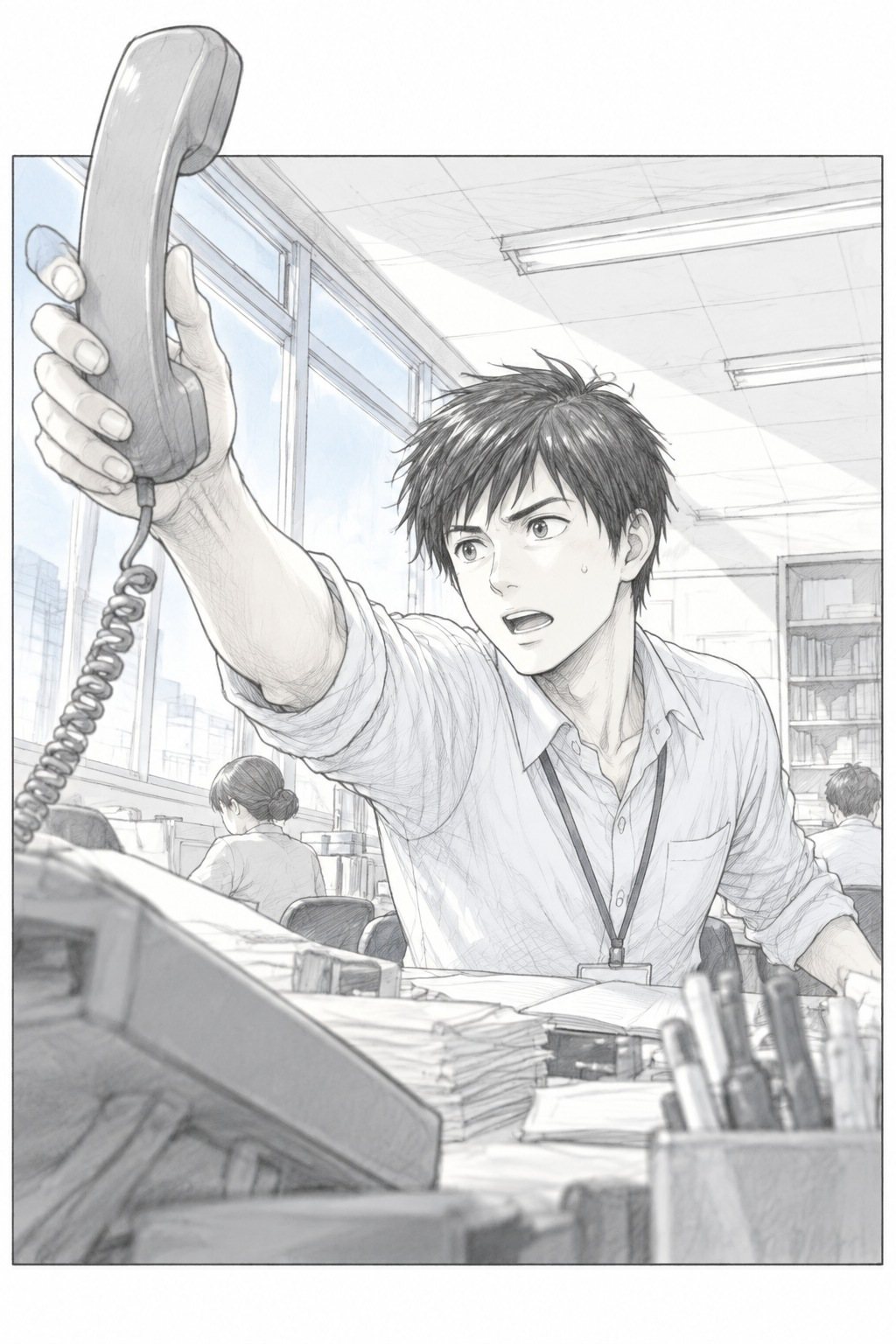 朝の職員室。受話器が絵の枠を越えて上へ飛び出す。若い教師が受話器をつかみ、口を開ける。