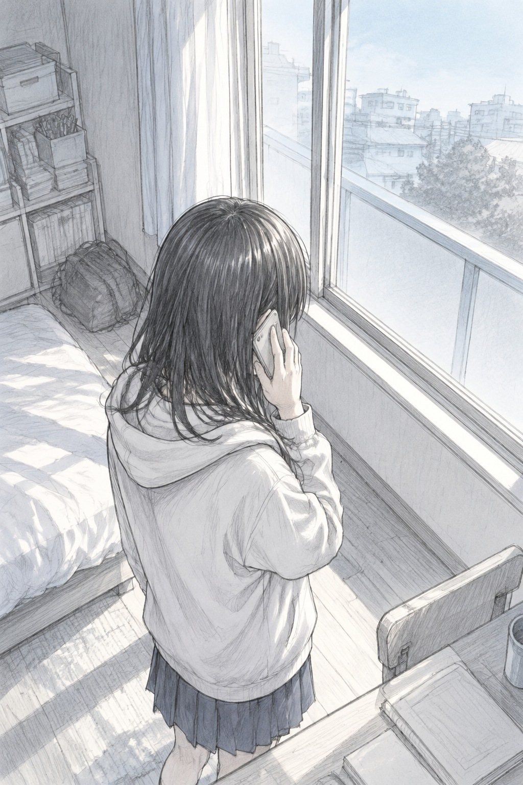 少し上から、部屋の窓辺に立つ女の子の後ろ姿。電話を耳に、朝の団地の外を見る。