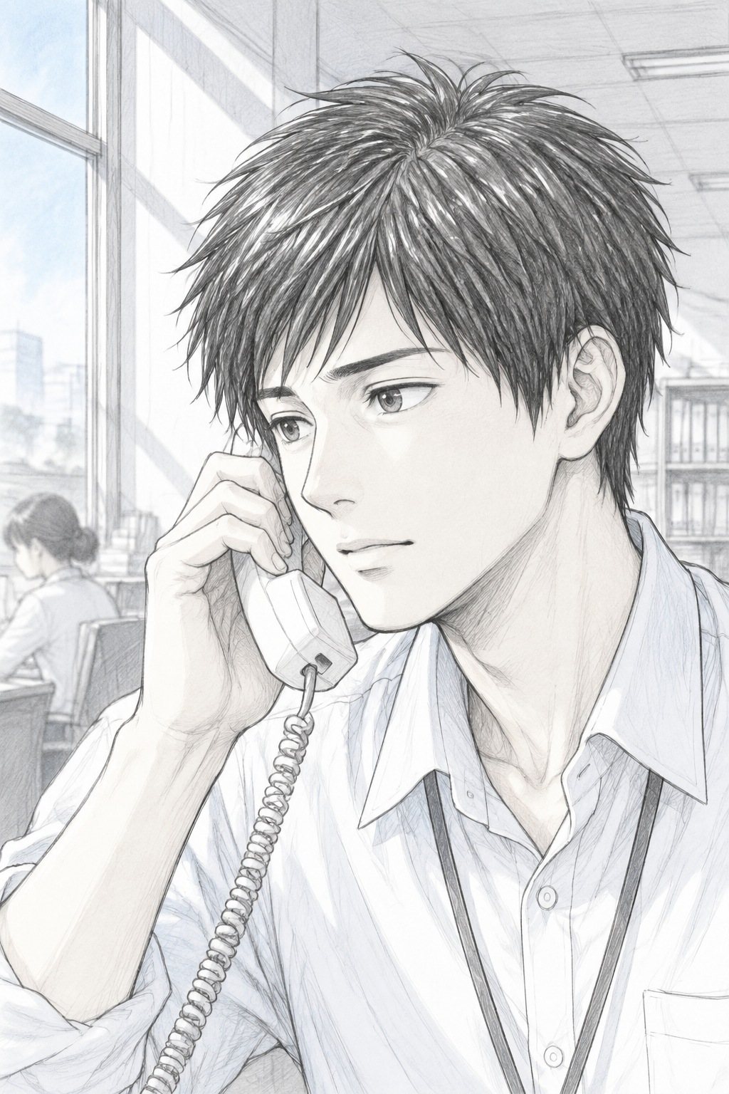 若い教師の顔の寄り。受話器を耳に当てたまま、見開いた目がゆっくりやわらぐ。