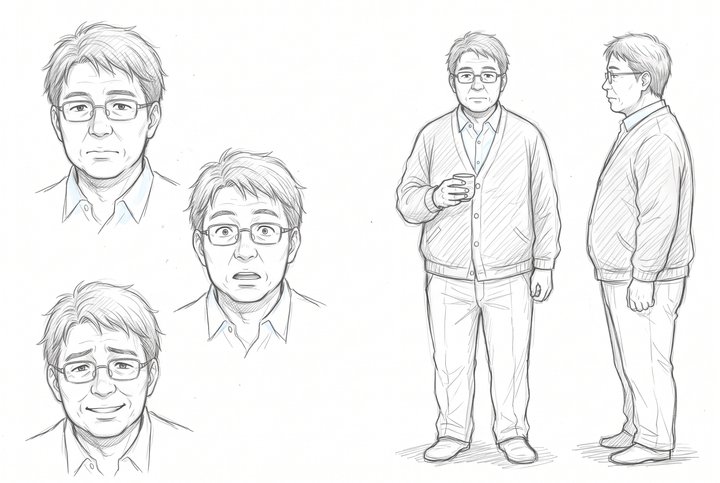 「先生、それは学校の仕事ですか」の石黒 正人の設定画（全身と顔）
