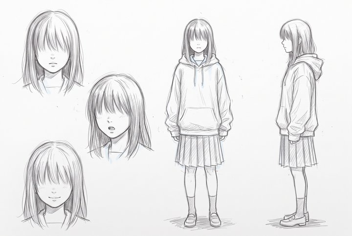 「先生、それは学校の仕事ですか」の小坂 りんの設定画（全身と顔）