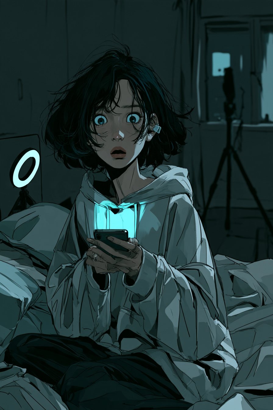 夜中のワンルーム。ベッドの上で、部屋着の若い女性がスマホを両手で持ち、目を見開いて画面を見ている。画面の光が顔を照らす(画面の字は読めない)。枕元に小さな撮影用のライト。