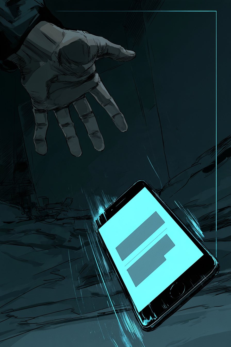 暗い部屋。上で開いた手から、光る画面のスマホが離れて落ちていく(画面に灰色の帯が2つ。字は読めない)。スマホの角が、絵の中の細い枠の線を越えて手前へ出る。