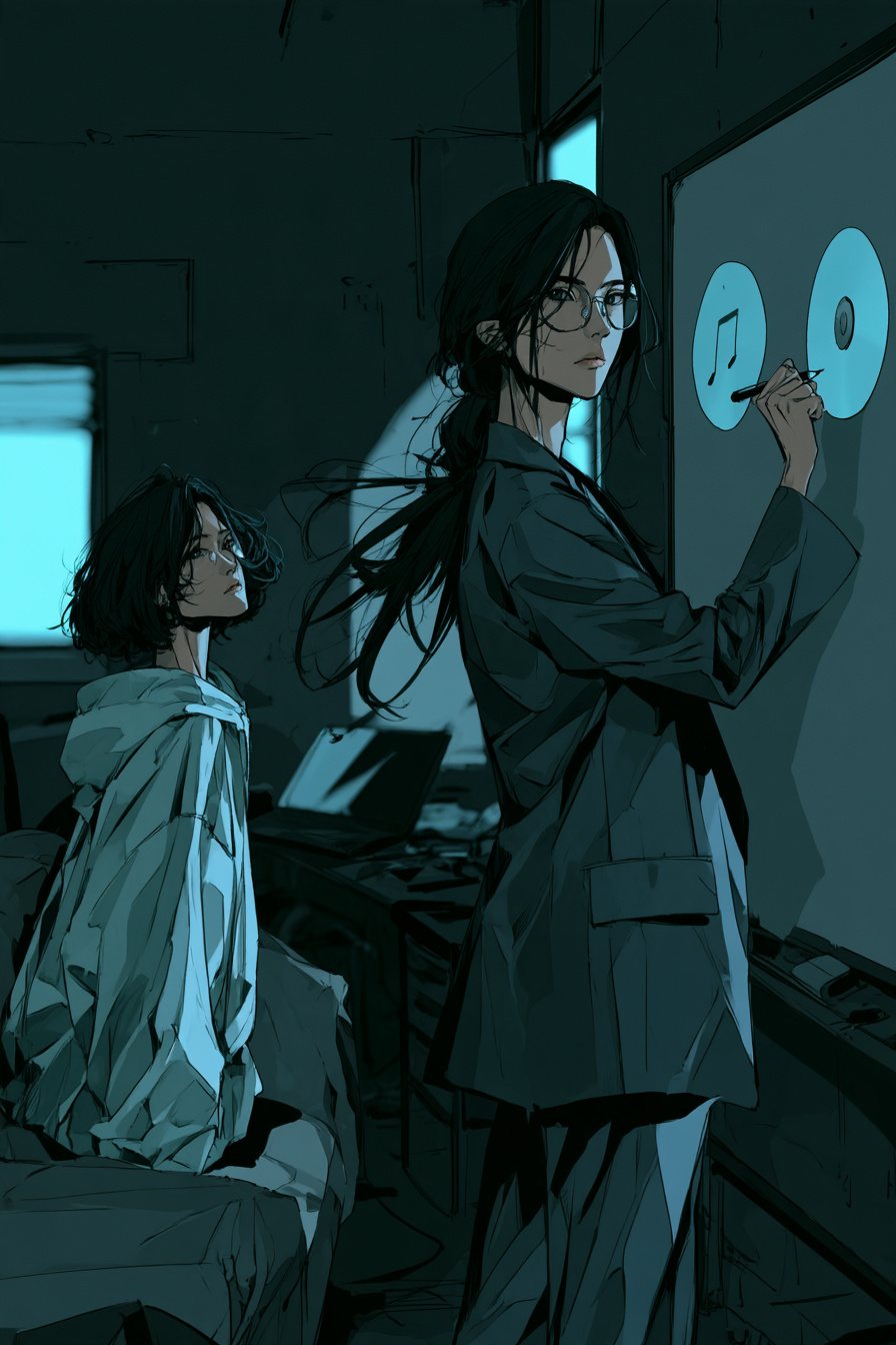 事務所の壁のホワイトボードの前。右で、瀬川がペンで横に2つの丸を描き、左の丸の中に音符の形、右の丸の中に CD の形を描く（字は読めない）。左奥で、凪がソファから振り向いて見上げる。