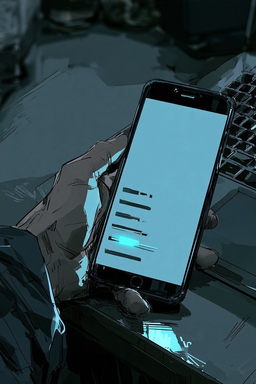 スマホの画面の寄り。コメント欄に、字の読めない灰色の線が並ぶ。1つのコメントの所だけ、空色に強く光る。