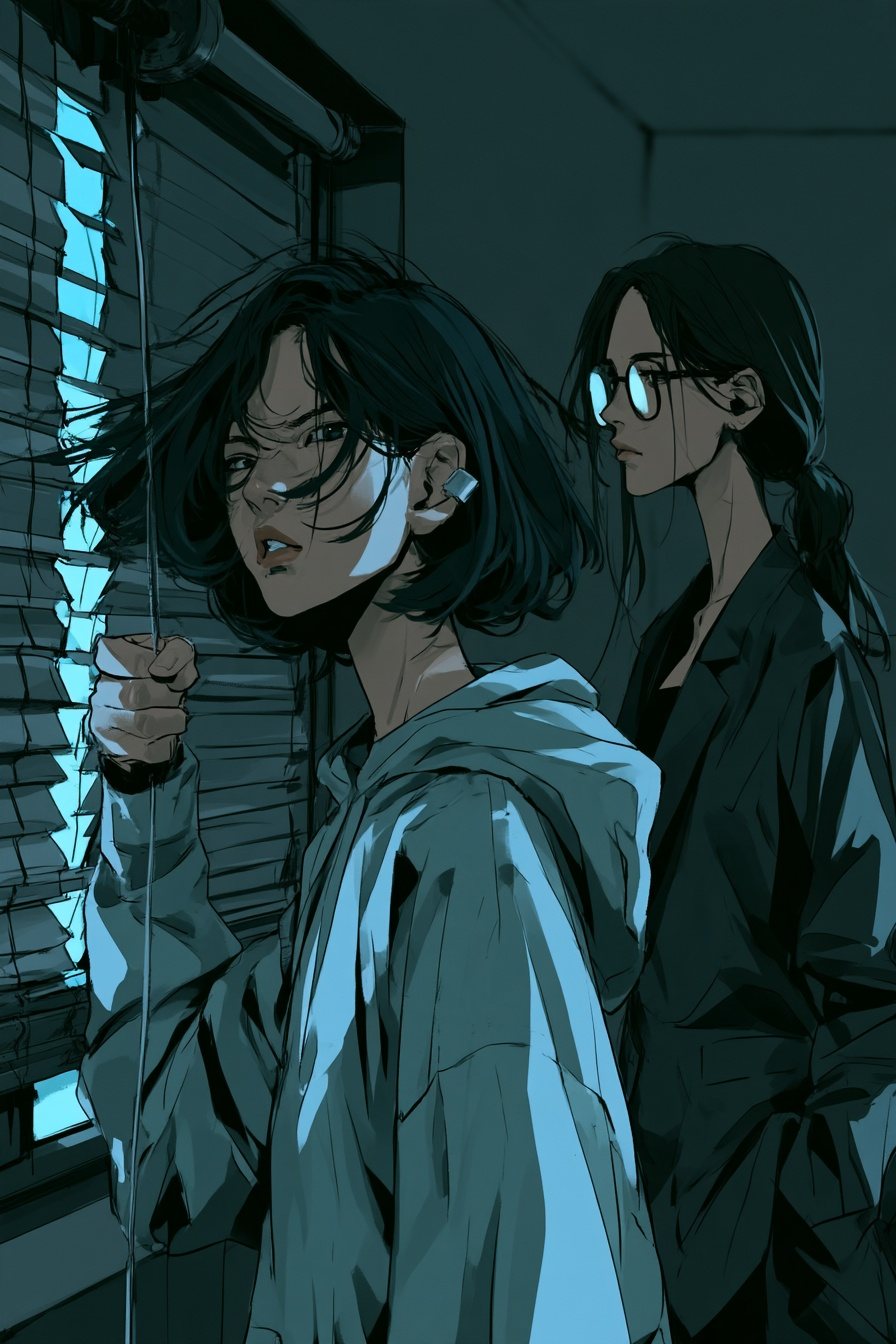 朝の小さな事務所の窓辺。凪がブラインドの紐を握って引き、羽根が閉じていく。乱れた髪の下で眉に力が入る。右後ろで瀬川が窓のほうを見る。眼鏡に、窓の最後の光が細く残る。