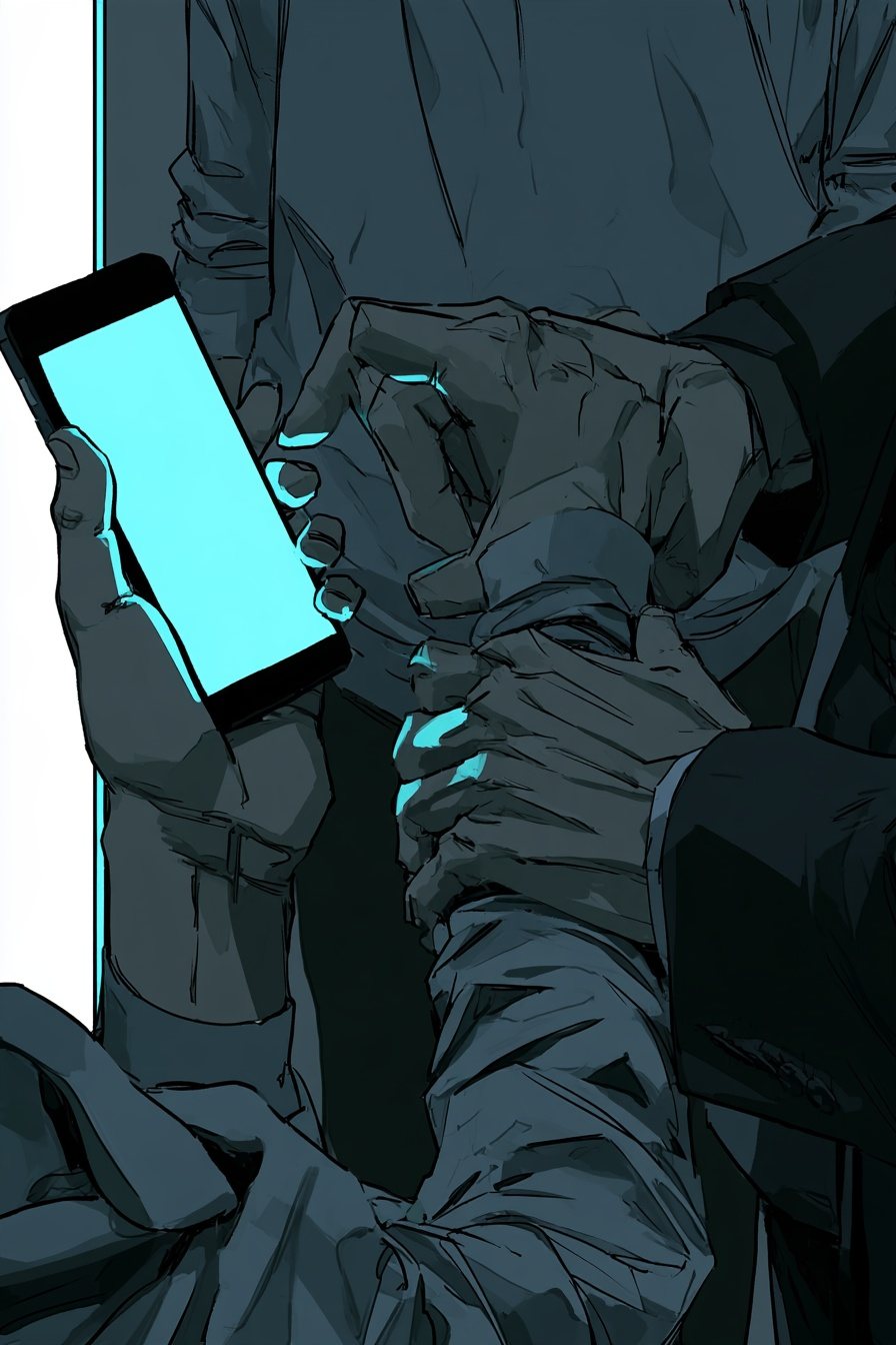 スマホを持った凪の手首を、右から瀬川の手がつかむ寄り。空色に光るスマホが、絵の枠の左の線を越えて外へ出る。