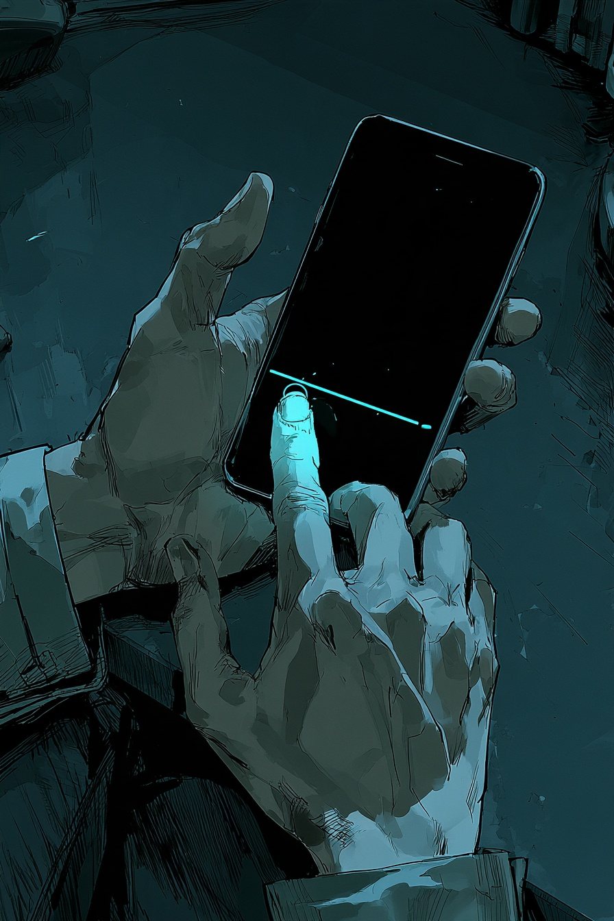 上から見たスマホの寄り。凪の人差し指が、画面の光る1本の線に触れる（字は読めない）。画面の空色の光が指を照らす。