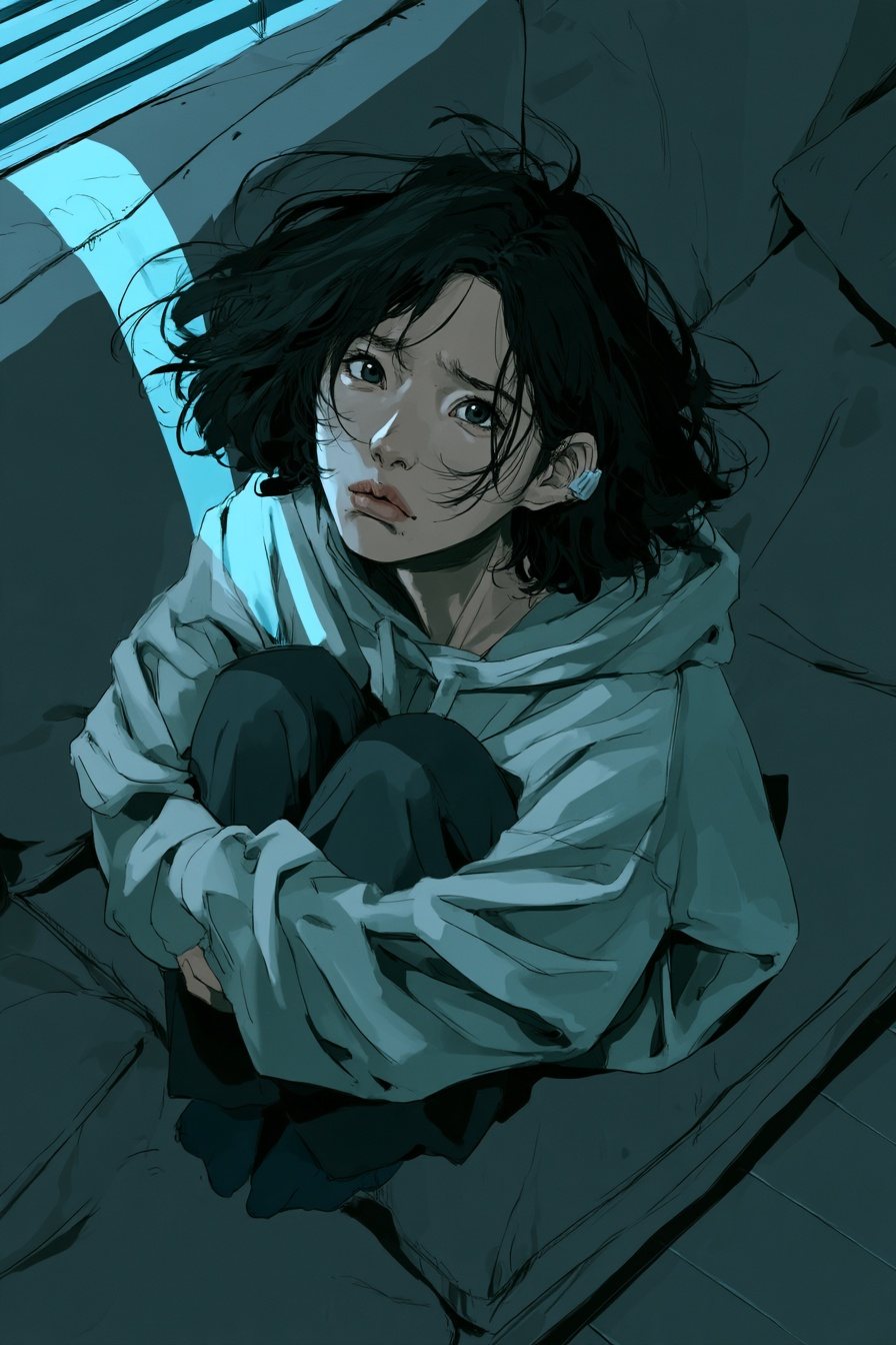 上から見た凪。ソファで膝を抱えたまま、こちらを見上げる。眉が寄り、口を結ぶ。後ろに、閉じたブラインドの隙間からの細い空色の光。