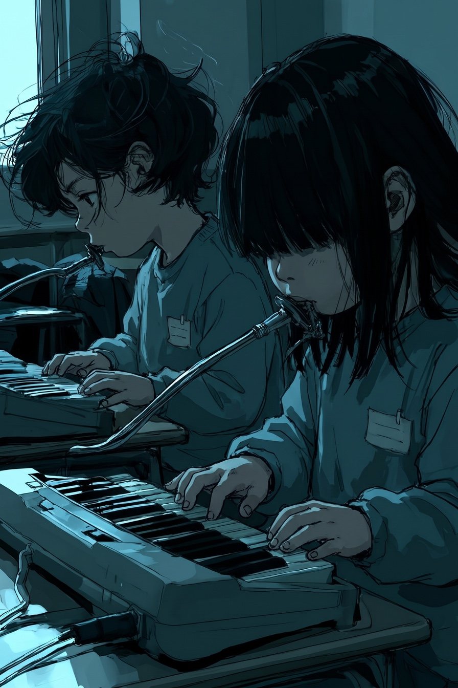 回想。学校の音楽室。窓の光の中で、子どもの頃の凪と、隣の女の子(前髪で目が隠れる)が、並んで鍵盤ハーモニカを吹く。