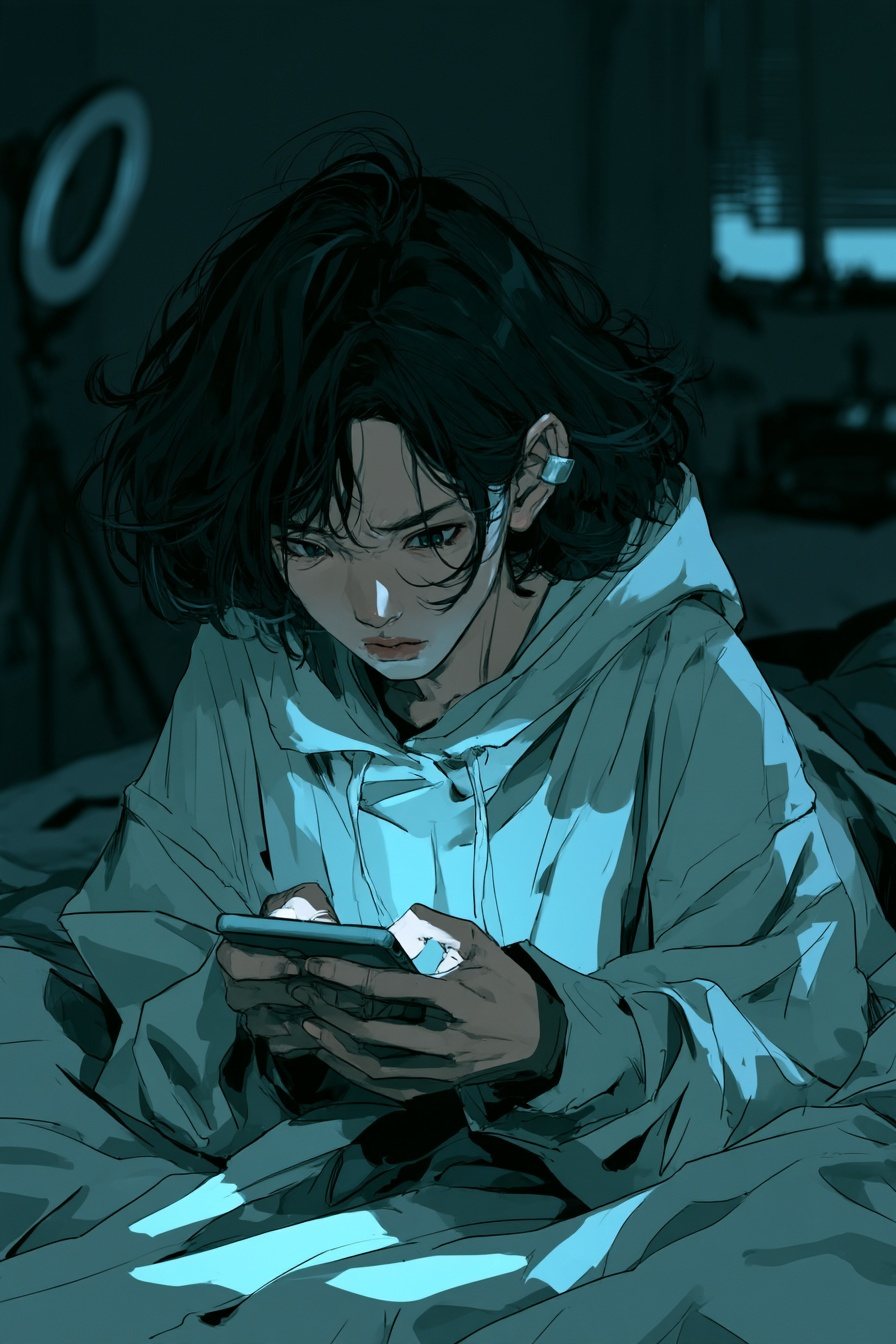 夜の凪の部屋。閉じたブラインドの前で、ベッドに座った凪がスマホを両手で持ち、親指で返事を打っては消している。画面の空色の光が顔を下から照らす。