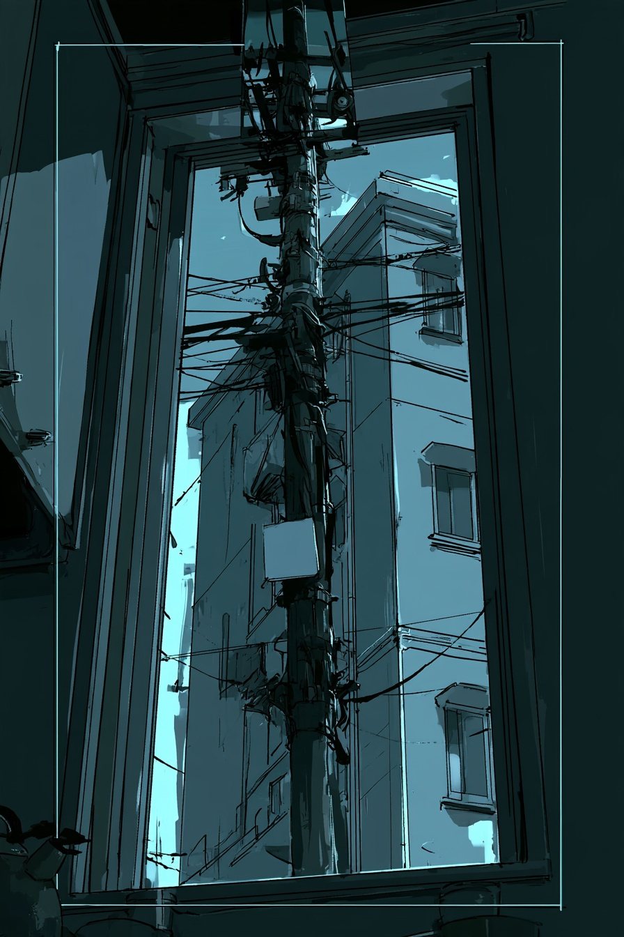 一時停止した、去年の料理の動画の画面。台所の窓の外に、電柱が1本と向かいの建物が見える（字は読めない）。電柱の先が、絵の中の細い枠の上の線に掛かる。