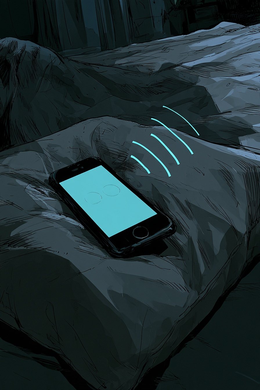 枕元のスマホの寄り。着信の画面が空色に光って震え、震える光の線が右上へ広がる（字は読めない）。