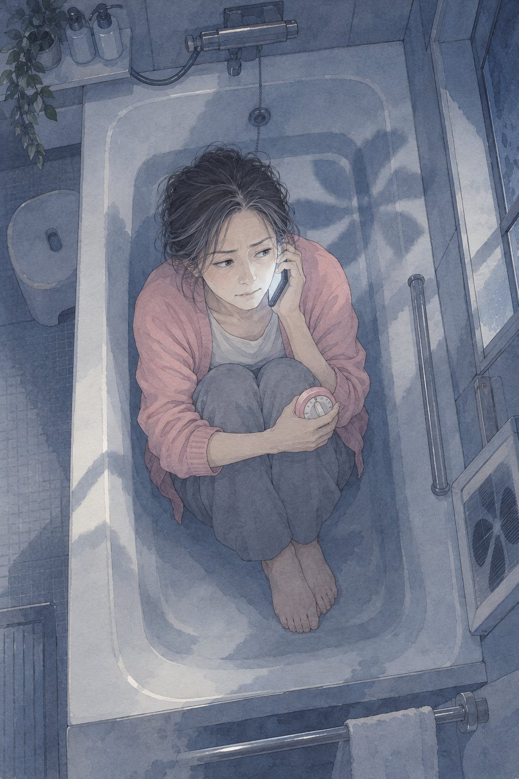 夜の風呂場を真上から。服を着たまま空の浴槽の中でひざを抱えた女性が、スマホを耳に当てている。顔だけが画面の白い光に照らされ、換気扇の羽根の影が落ちる。もう片方の手に台所のタイマー。