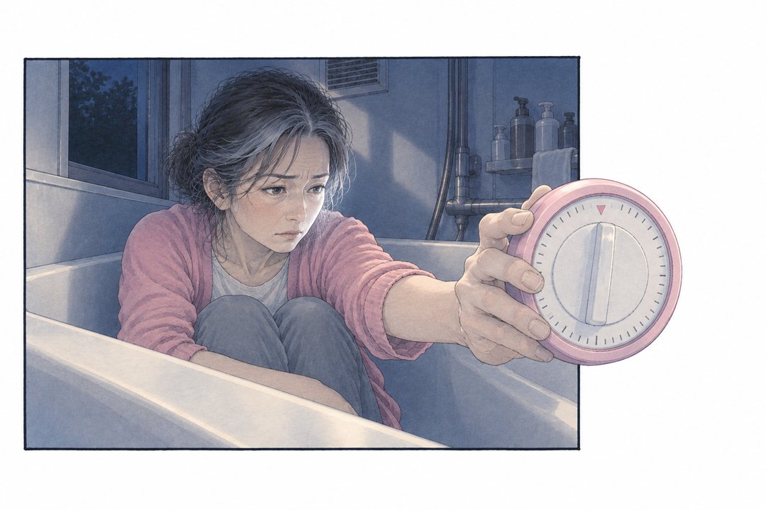 浴槽の中でひざを抱えた女性が、縁が桜色の台所のタイマーを前へ差し出すように握り、息を止めて見つめる。タイマーの端が絵の枠の右の線を越えて外へ出ている。