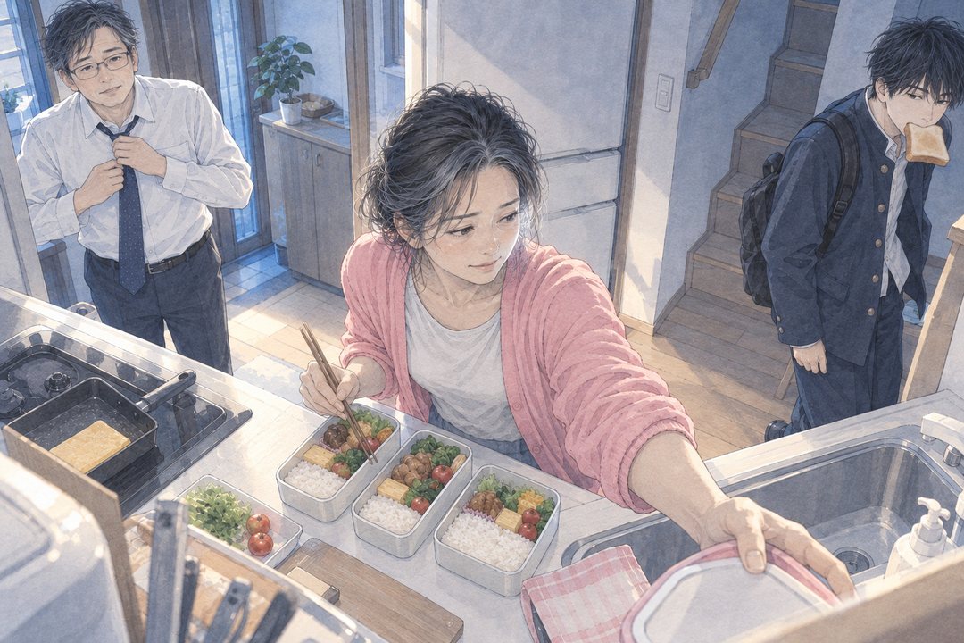 朝の台所を高い所から。弁当箱3つにおかずを詰める女性。左の廊下の戸口に、ネクタイを締めかけの夫。右の階段の下に、トーストをくわえた高校生の息子。窓の外はまだ青い。