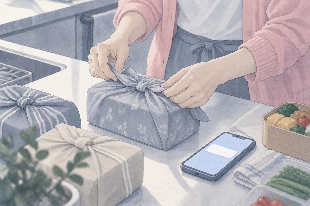 弁当の包みを結ぶ手の寄り。桜色のカーディガンの袖。横に置いたスマホに、義母からのメッセージの通知が光る。
