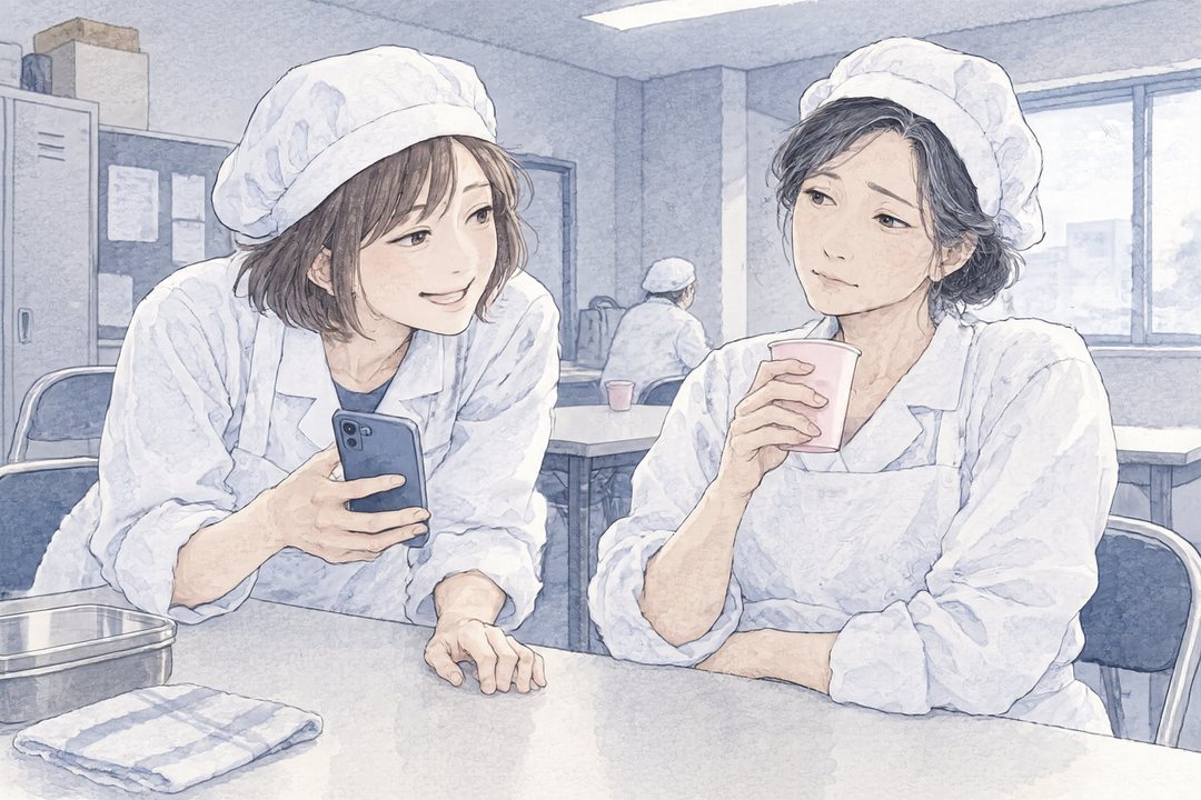 スーパーの惣菜の休憩室。白い調理服の2人。左の茶色のショートボブの同僚が、スマホの画面を見せて身を乗り出す。右の女性は紙コップを持ったまま、半分引いている。
