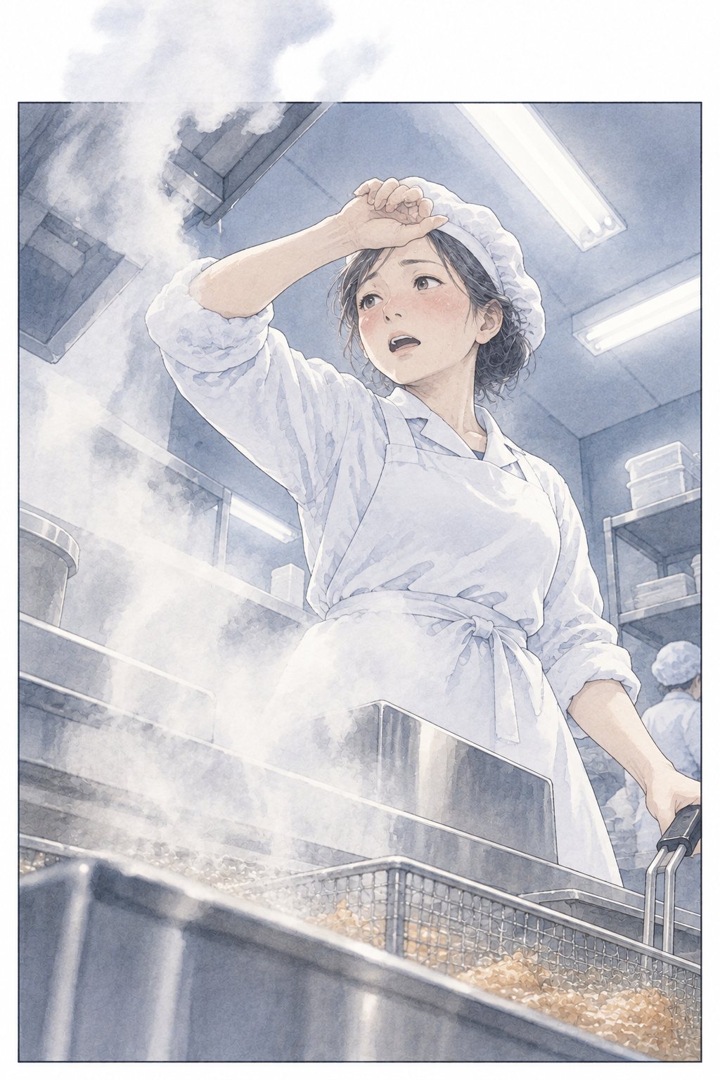 揚げ場の前を下から見上げる。油の鍋の湯気が立ちのぼり、絵の枠の上の線を越えて外へあふれる。白い調理服の女性が顔を真っ赤にし、汗をにじませ、手の甲で額を押さえる。