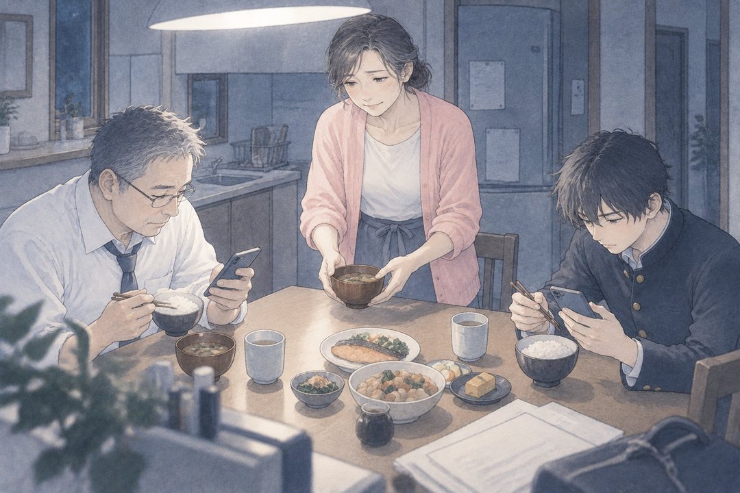 夕飯の食卓を少し高い所から。夫と息子が向かい合って座り、それぞれスマホを見ながら食べている。女性だけが立ったまま、味噌汁の椀を運んでいる。食卓の端に進路の書類。