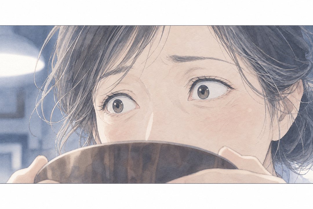 女性の目元の横長の寄り。椀を持ったまま、まばたきを止めている。