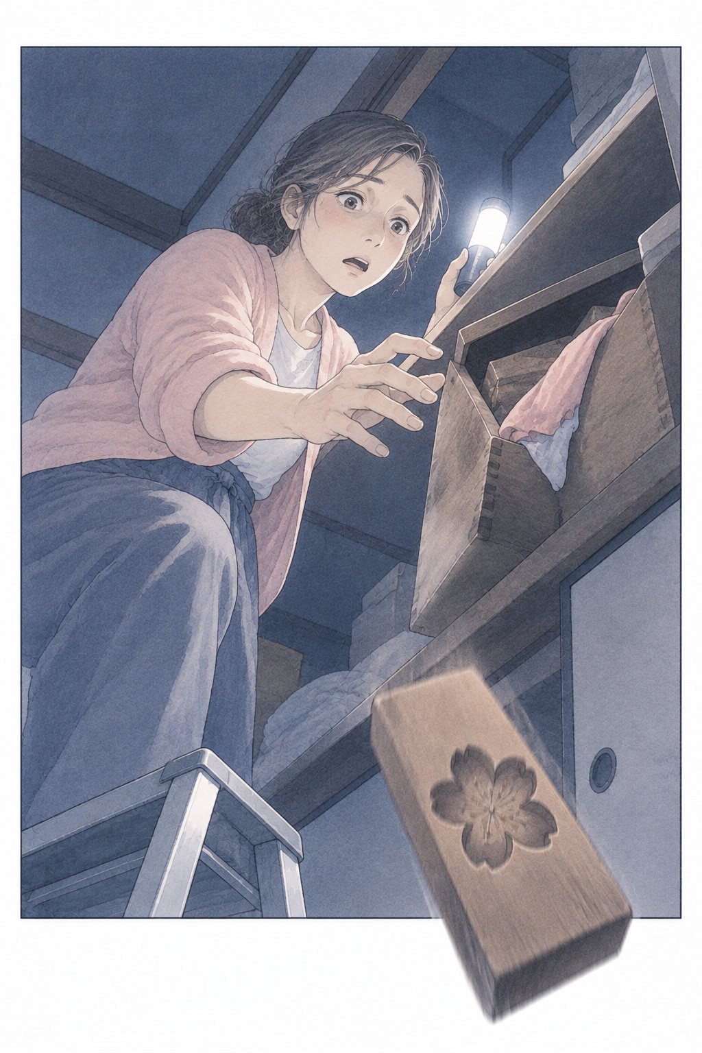 夜の寝室の押し入れの天袋。踏み台に乗った女性が古い木箱を下ろすと、ふたがずれて、花の形を彫った木型が一つ滑り出し、絵の枠の下の線を越えて落ちていく。小さな手元の灯り。