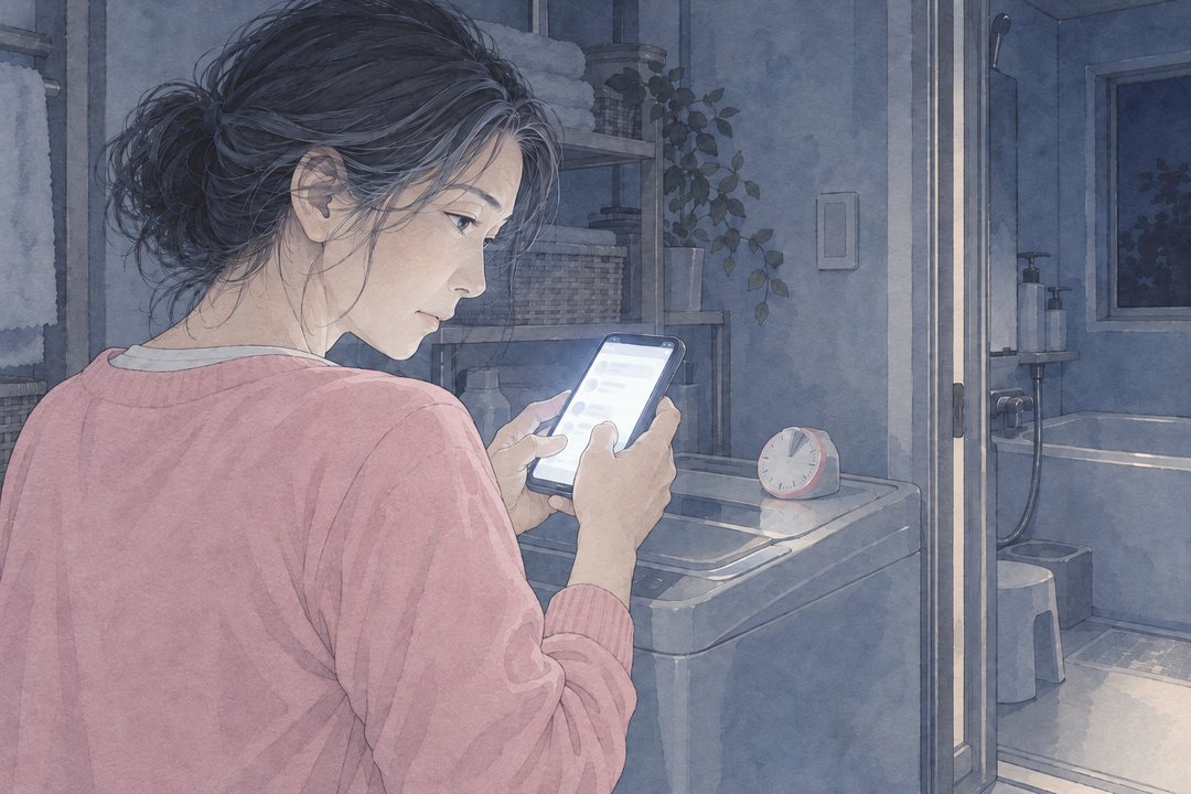 暗い脱衣所。桜色のカーディガンの女性の肩越しに、スマホの画面を見下ろす横顔と手元。画面の白い光が指を照らす。洗濯機の上に台所のタイマー。