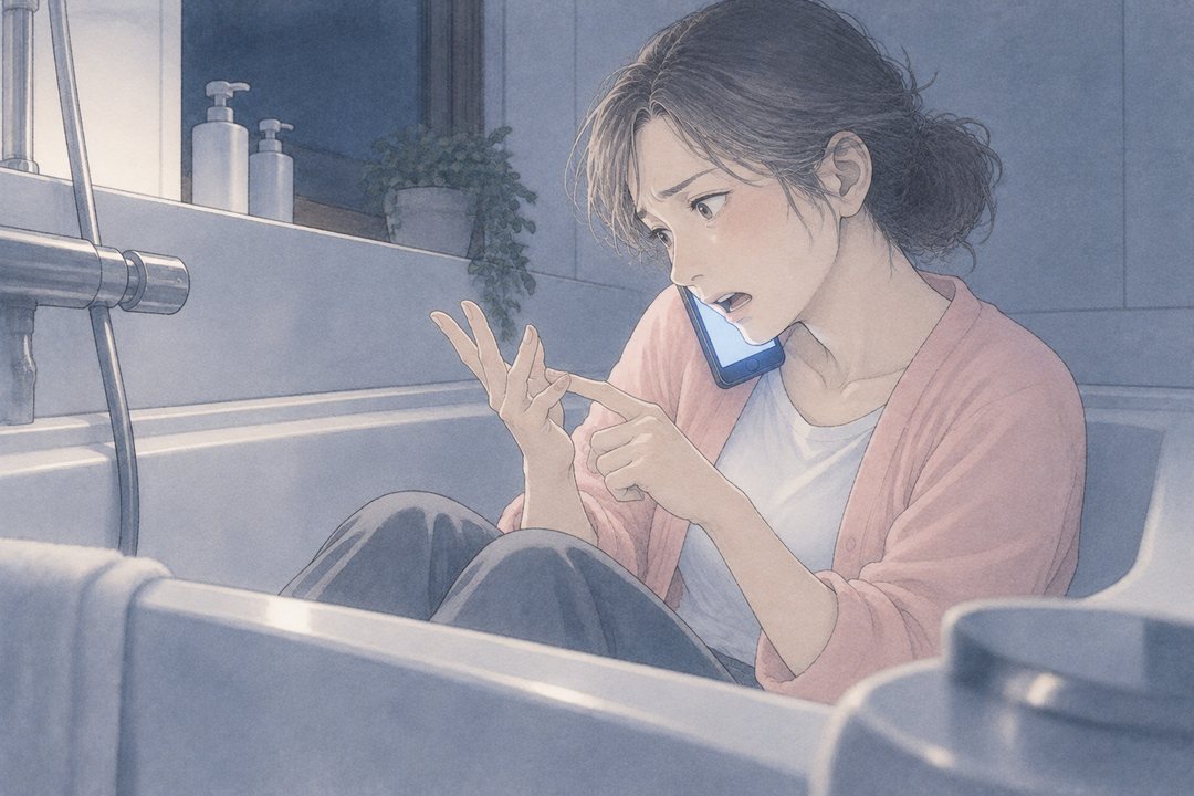浴槽の中の女性を横から。スマホを肩と耳ではさみ、指を折って数えながら、早口で話し続けている。