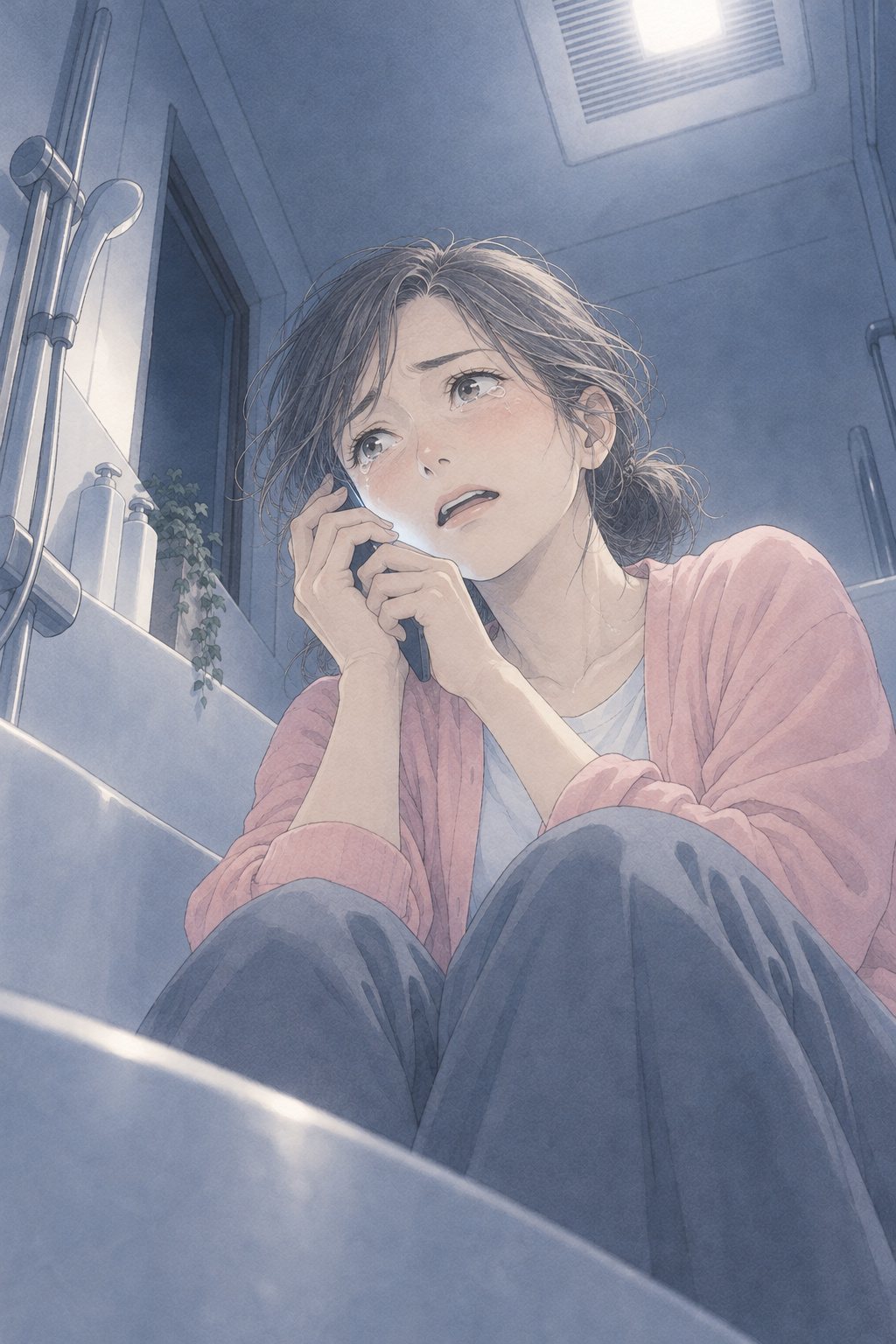 浴槽の中の女性を下から見上げる。スマホを両手で耳に押し当て、目に涙がたまり、口が小さく開く。換気扇の白い光。