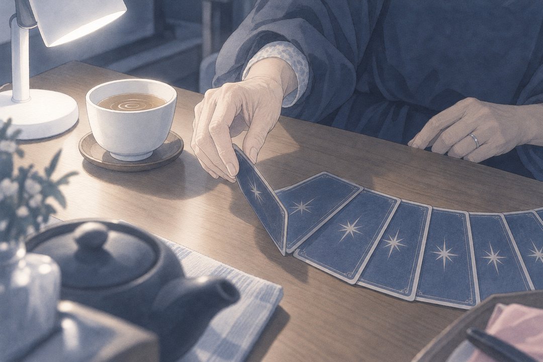 ランプの灯の台所。カードをめくりかけた細い手が、宙で止まる。白い湯のみの茶の面に、小さな輪が広がる。