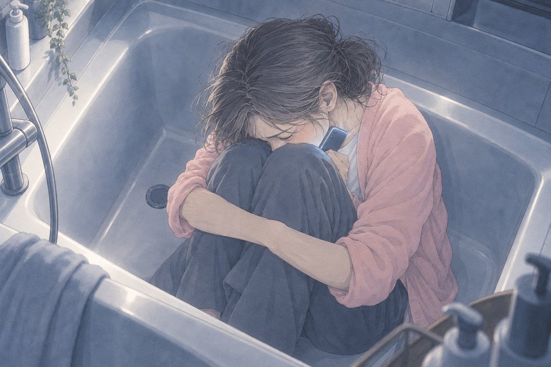 浴槽の中で、女性がひざに顔をうずめ、スマホを胸に押し当てる。肩が小さく震える。