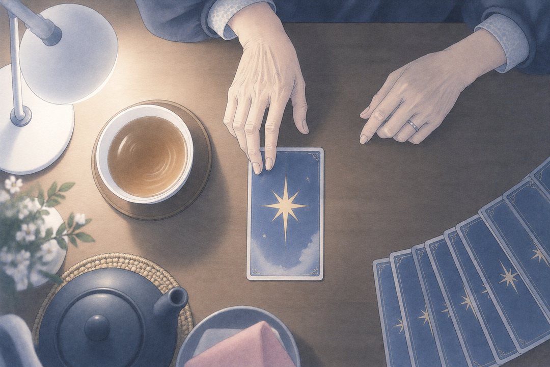 ランプの灯の下の机を真上から。表に返した1枚のタロットのカード(星の絵)。その横に、カードから指先を離した細い手と、白い湯のみ。