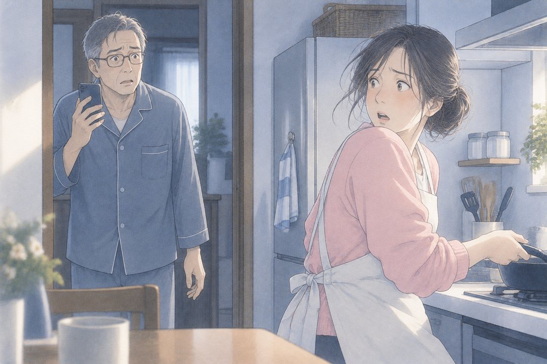 朝の台所。左の戸口で、パジャマのままの夫がスマホを耳から離し、青い顔でこちらを見る。右のコンロの前で、エプロンの女性が振り返る。曇りの白い光。