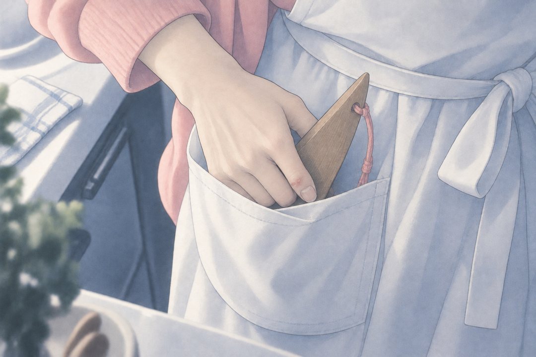 エプロンのポケットの中で、古い三角べらを握りしめる手の寄り。指先に小さな古い火傷の跡。