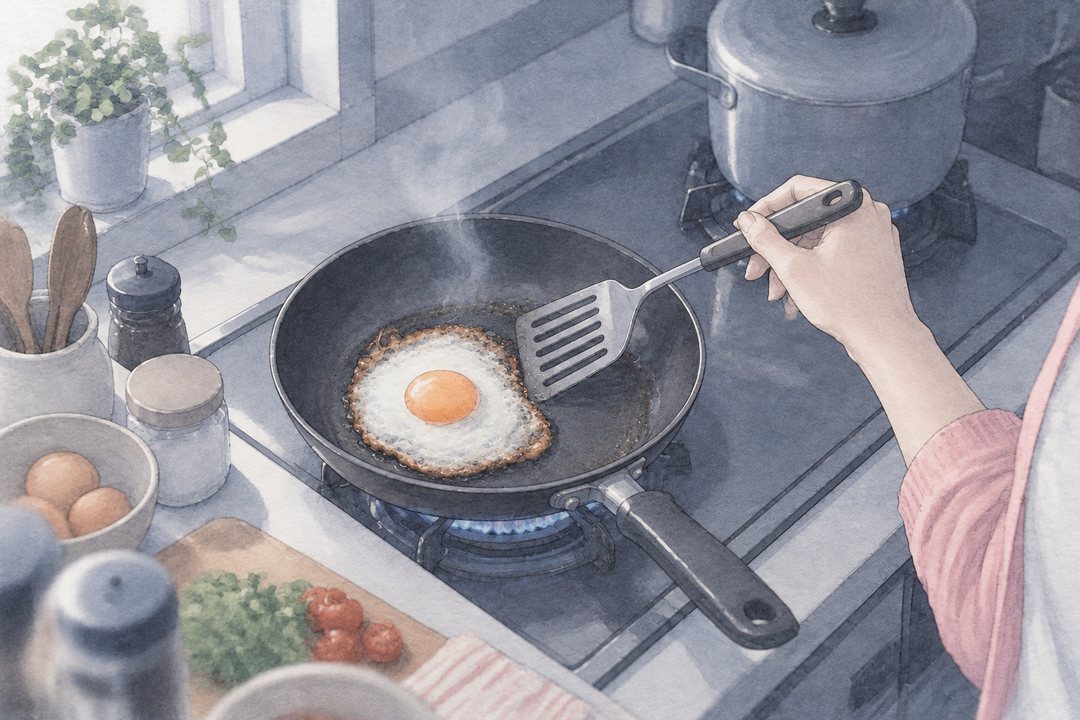 朝の台所のコンロ。フライパンの目玉焼きのふちが黒く焦げ、煙が上がる。手前に、フライ返しを持ったまま止まった女性の手。