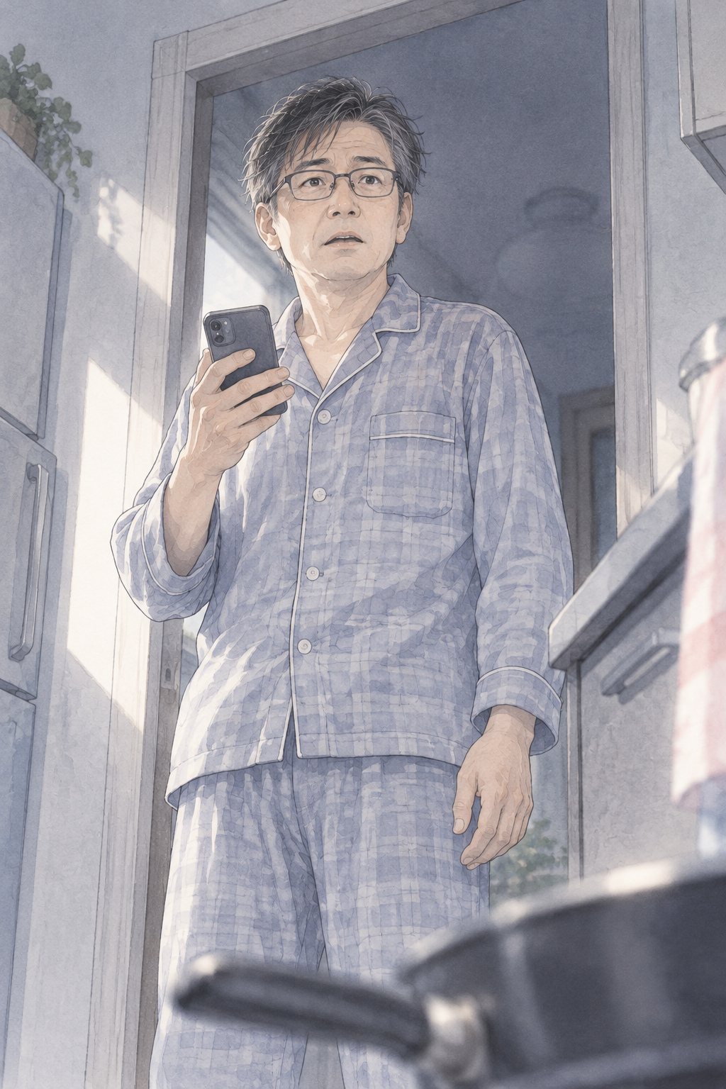台所の戸口。パジャマの夫が、スマホを持ったまま口を半分開けて固まっている。