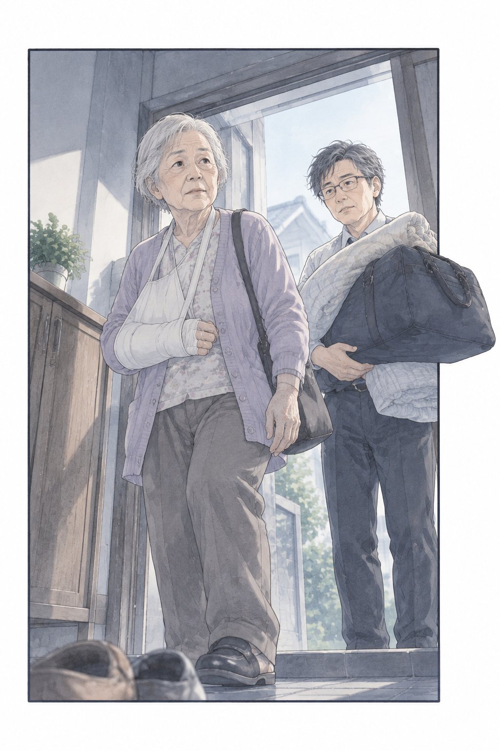 玄関を家の中から低く見上げる。右の手首に白いギプスと三角巾の、小柄な白髪の義母が、藤色のカーディガンで立つ。後ろで夫が、大きなボストンバッグと布団の包みを抱えている。